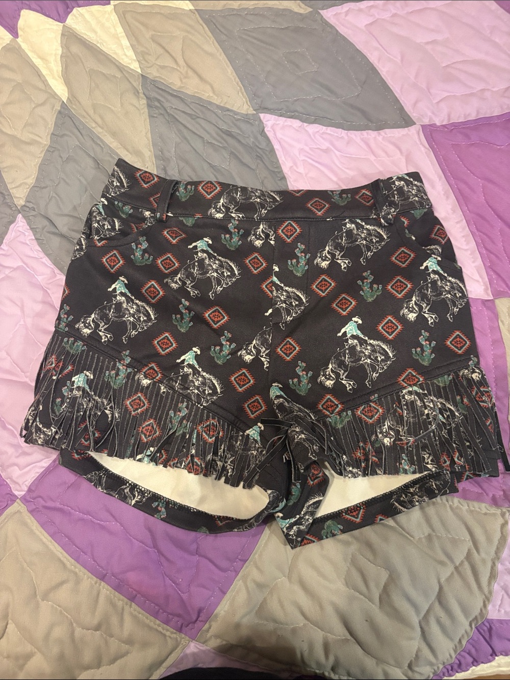 Fringed Black Western Print Skort Shorts